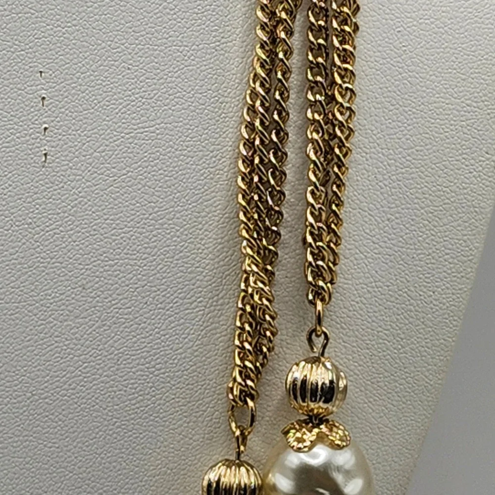Vintage Gold Tone Multi Strand Long Chain Faux Baroque Pearl‎ Station Necklace